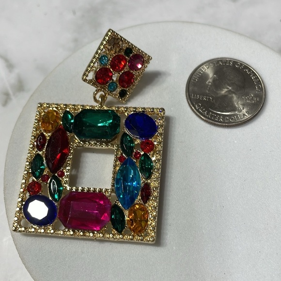 Zara Multi Colored Crystal Square Drop Clip On Earrings - Picture 9 of 12